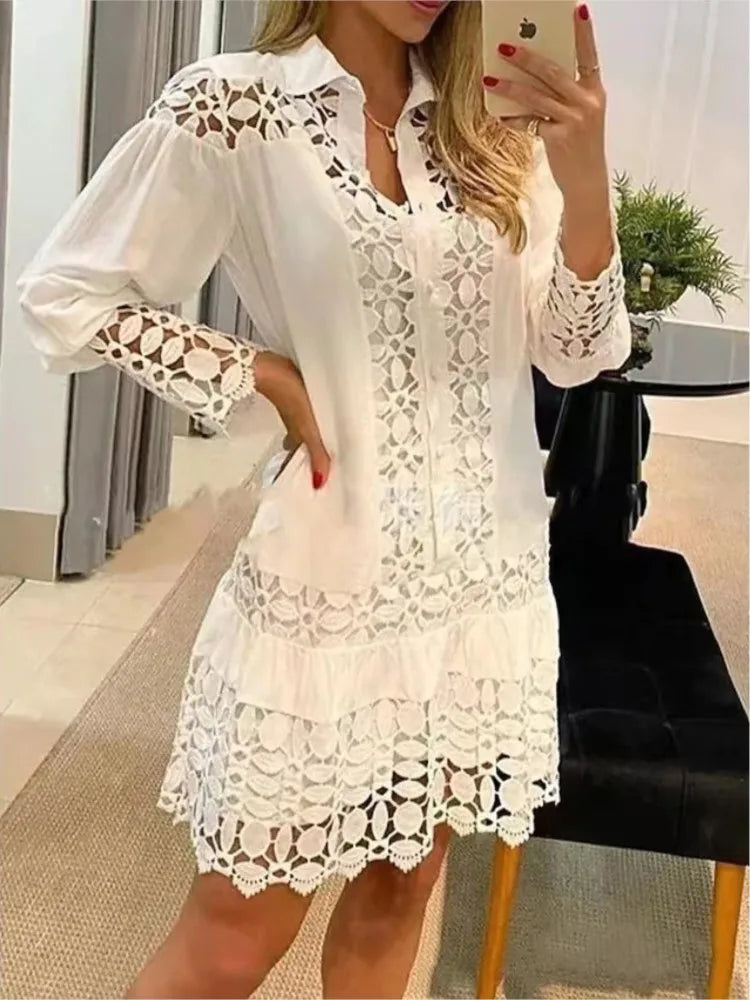 Lace Splice Elegant Long Sleeve Dress - Autumn Fashion