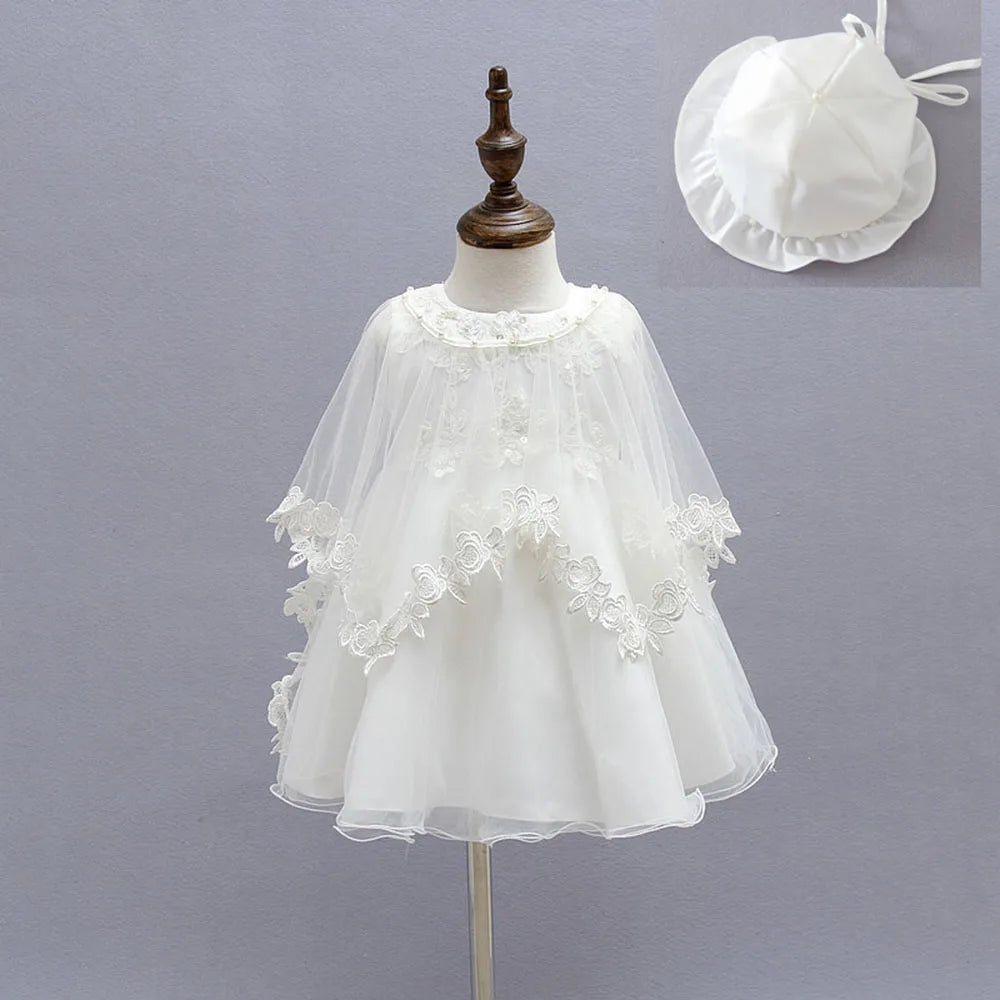 Baby Girl Christening Dress - 1st Birthday Party Outfit with Hat & Cape