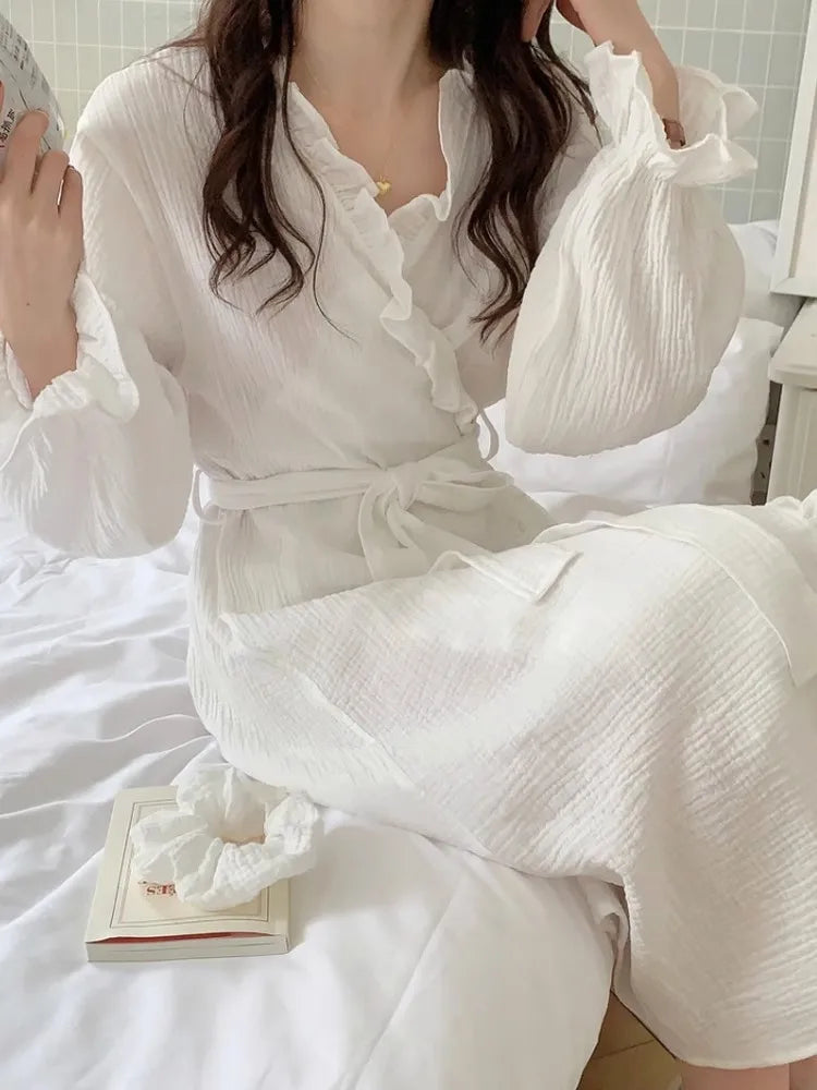 Women Robe V-Neck Sleepwear Ruffles Bathrobe Kimono Robes with Belt Korean Night Dress Bridesmaid Dressing One Piece Pajamas