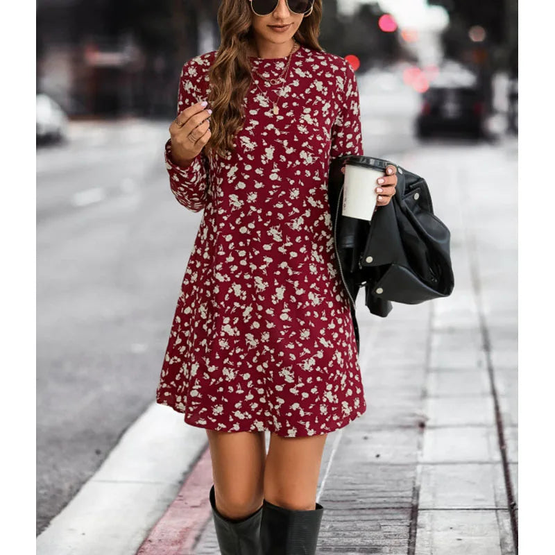 Autumn/Winter Fashion Print Slim Fit Mid-Length Dress - Round Neck Long Sleeve