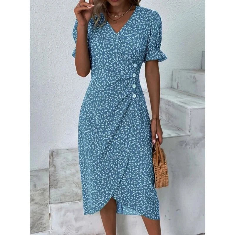 Elegant Floral Pleated Midi Dress - V Neck Puff Sleeve Summer Dress