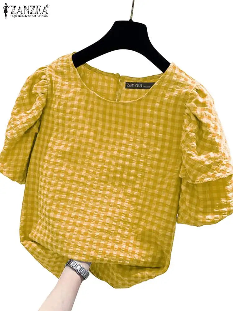 Women Casual Checked Blouses Short Puff Sleeve