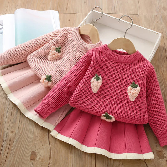 Autumn/Winter Girls' Sweater Set – Korean Short Knitted Vintage Checker Two-Piece Outfit