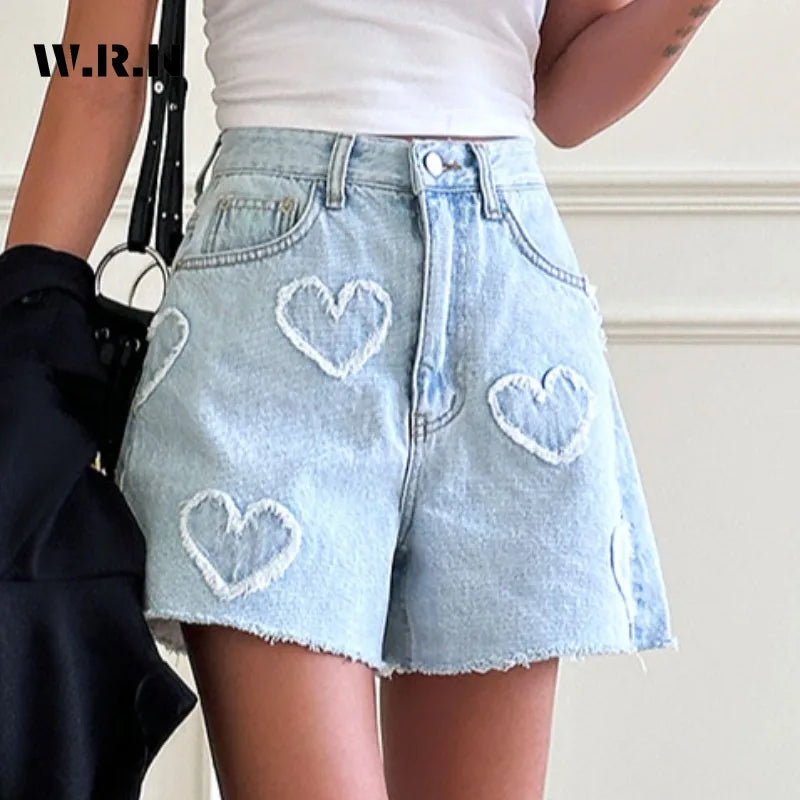 High Waist LOVE Printed Denim Shorts