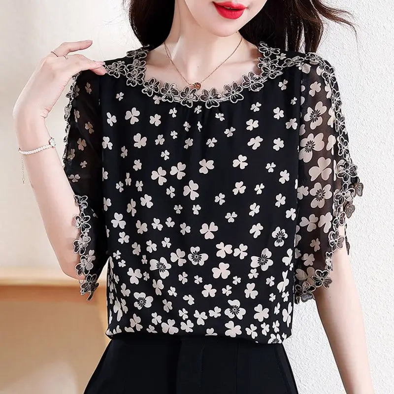 Women's Summer Elegant Chiffon Shirt – Loose Hollow Out O-Neck Short Sleeve Top for Casual All-Match Style