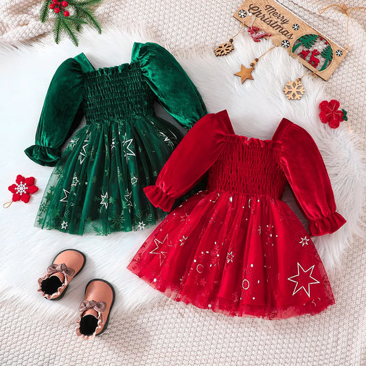 New Autumn/Winter Christmas Dress – Bubble Sleeve Splicing Mesh Dress for Girls