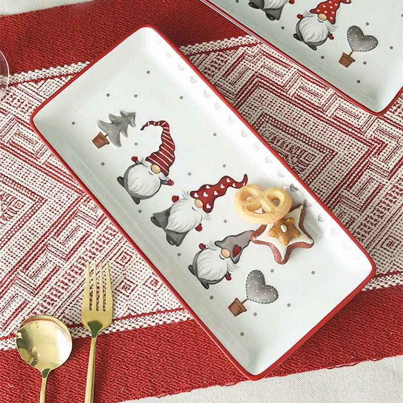 Rectangular Christmas Ceramic Dinner Plates Afternoon Tea Dessert Tray Ceramic Relief Plate Western Plates Tableware Gifts