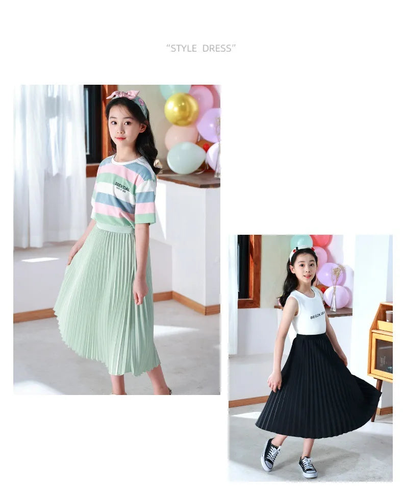 Girls' Elegant White Pleated Long Skirt