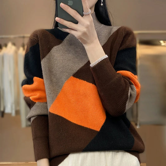 Autumn/Winter Women's Cashmere Patchwork Pullover Sweater