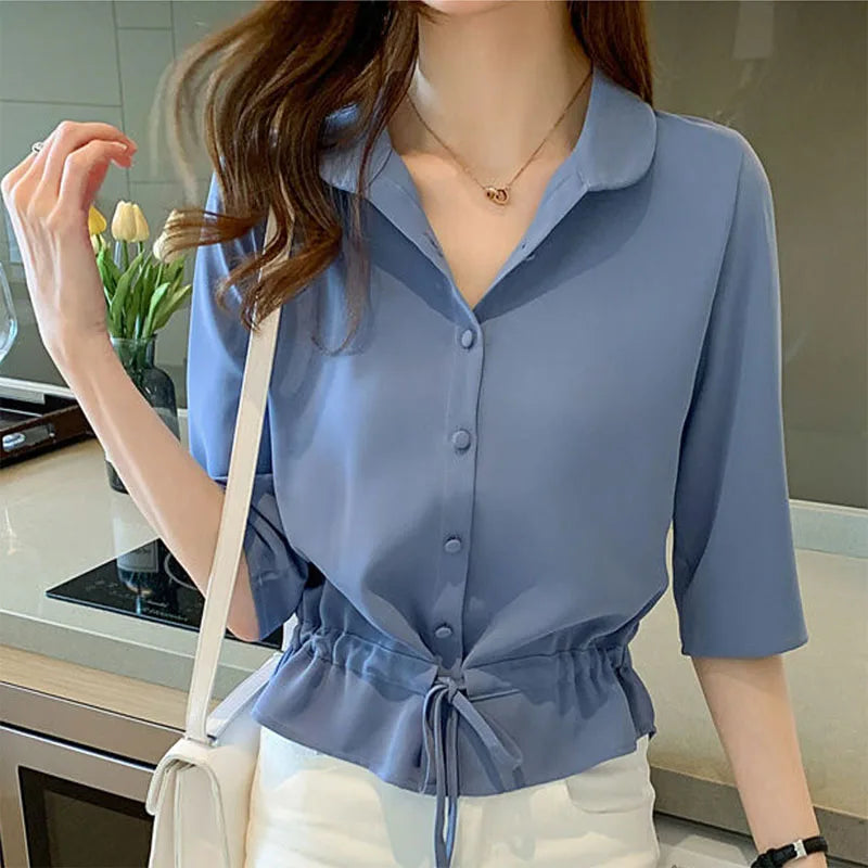 Summer Women’s Solid Chiffon Shirt – Turn-down Collar, Half Sleeve, Shirring Detail