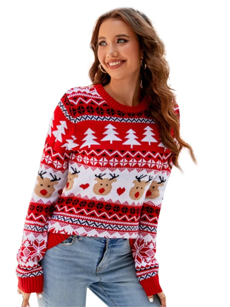 Christmas Women’s Knit Sweater – O-Neck, Long Sleeve, Printed Casual Pullover for Autumn/Winter