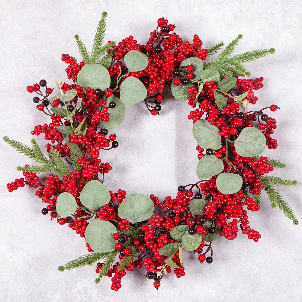 Handmade Christmas Wreath – Cypress Leaf, Red Berry, Pine, for Door or Wall Decor