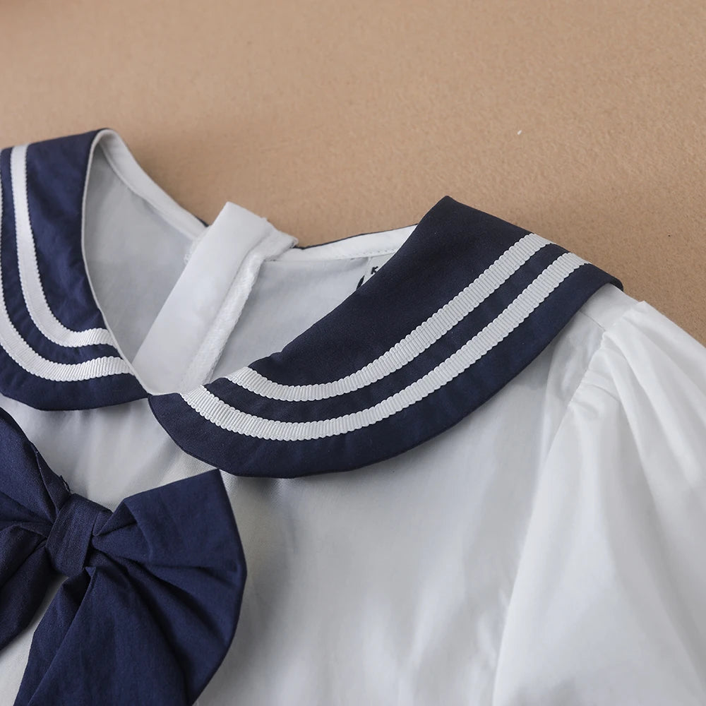 Girls' Summer Cotton Dress – Preppy Style with Bow & Turn-Down Collar