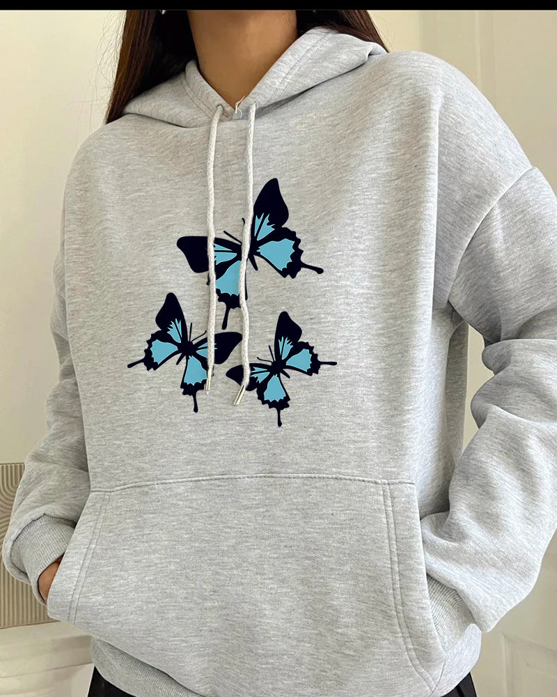 Butterflies Graphic Print Oversized Hoodie - Women's Chic Streetwear Fleece Sweatshirt