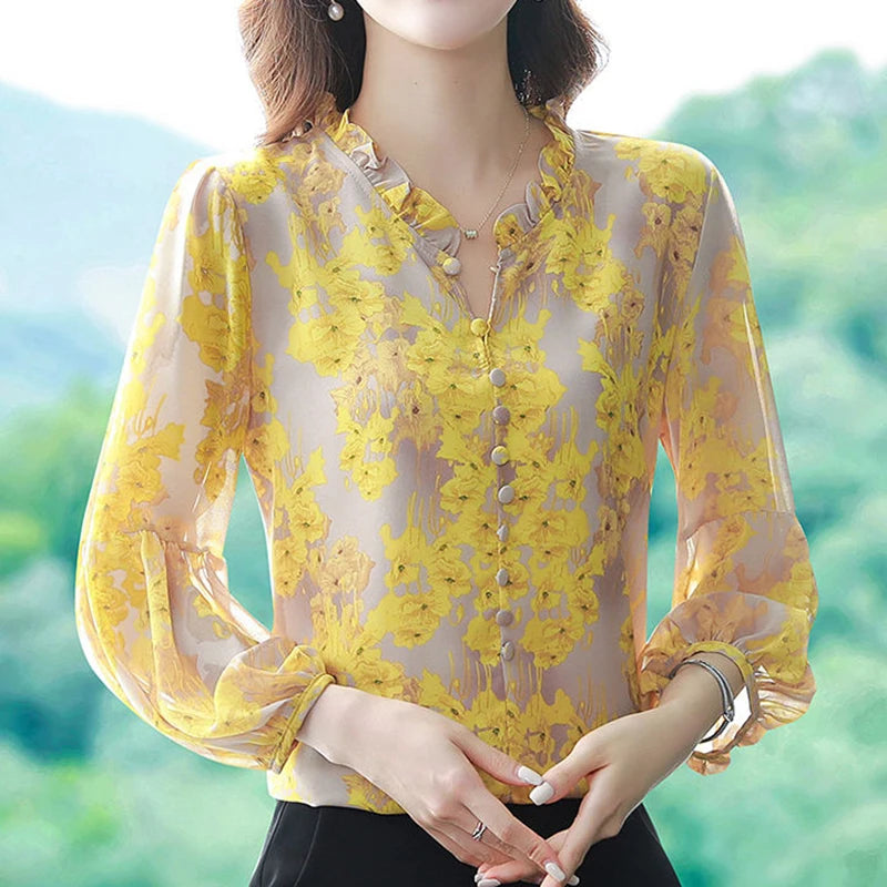 Trendy Women's Floral Print V-Neck Puff Sleeve Blouse