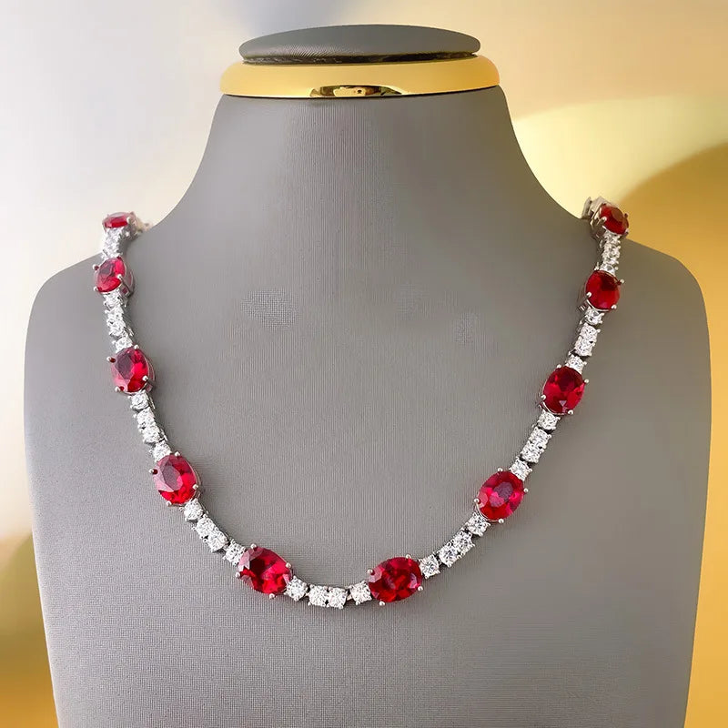 Handmade Lab Ruby & Diamond 14K White Gold Necklace - Bridal & Engagement Jewelry