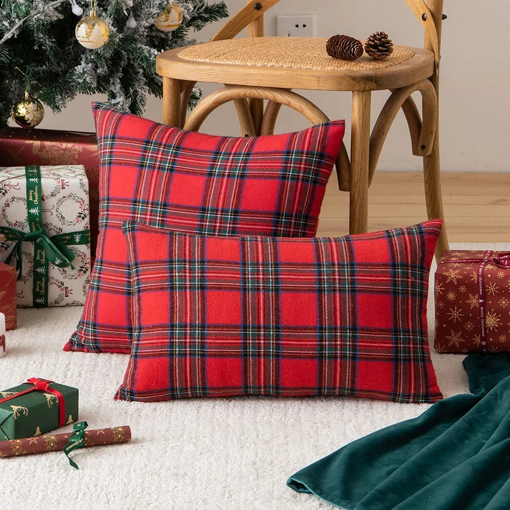 Christmas Tartan Plaid Pillow Covers – Red Cushion Covers for Sofa, Bed, Party, or Home Décor