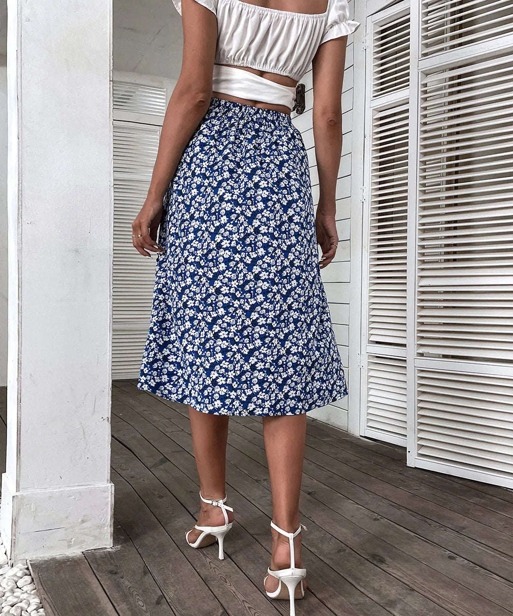 Benuynffy Floral Print Ruffle Trim Midi Skirt - Summer Boho A-Line