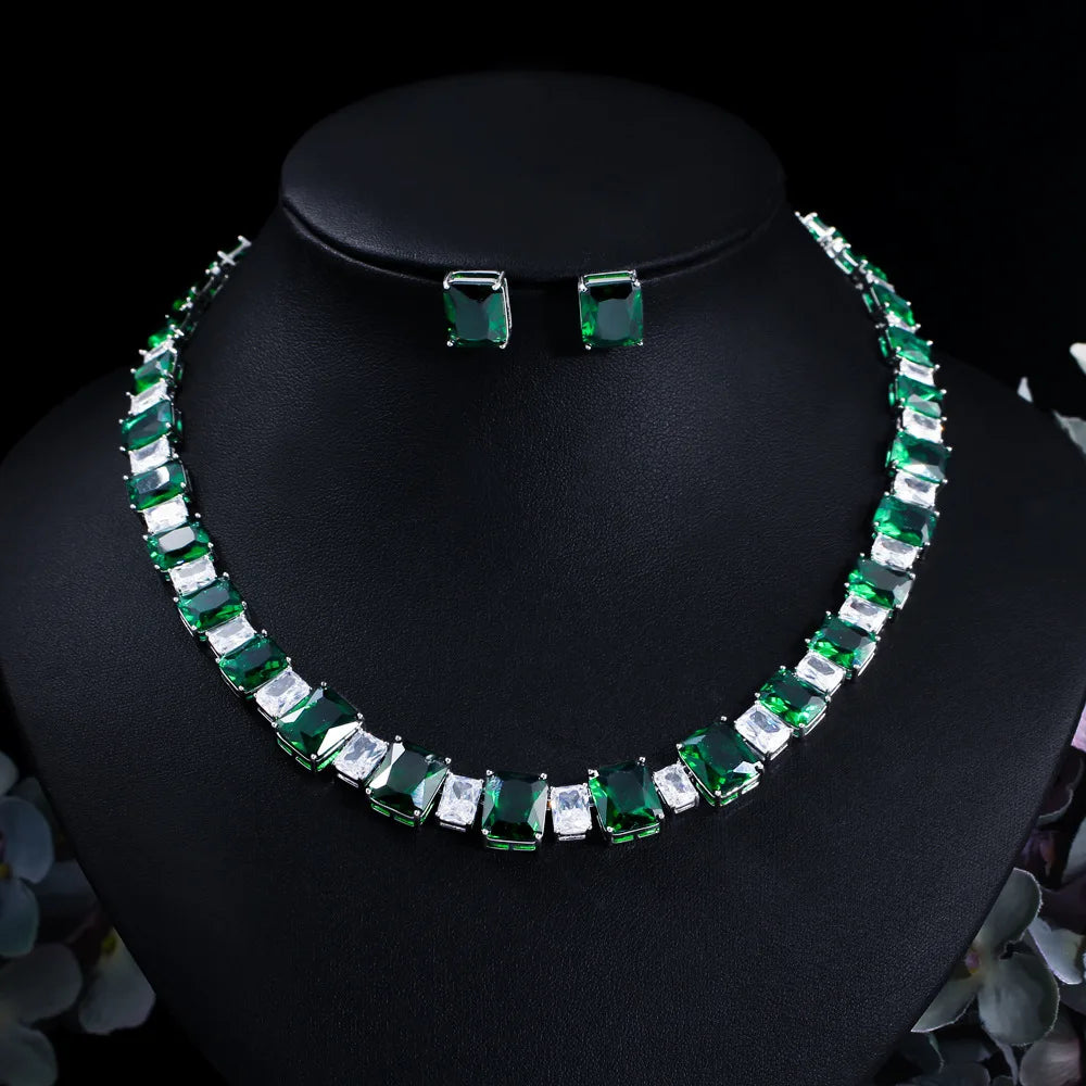 Trendy Lab 14K Gold Emerald Diamond Jewelry Set: Necklace and Earrings