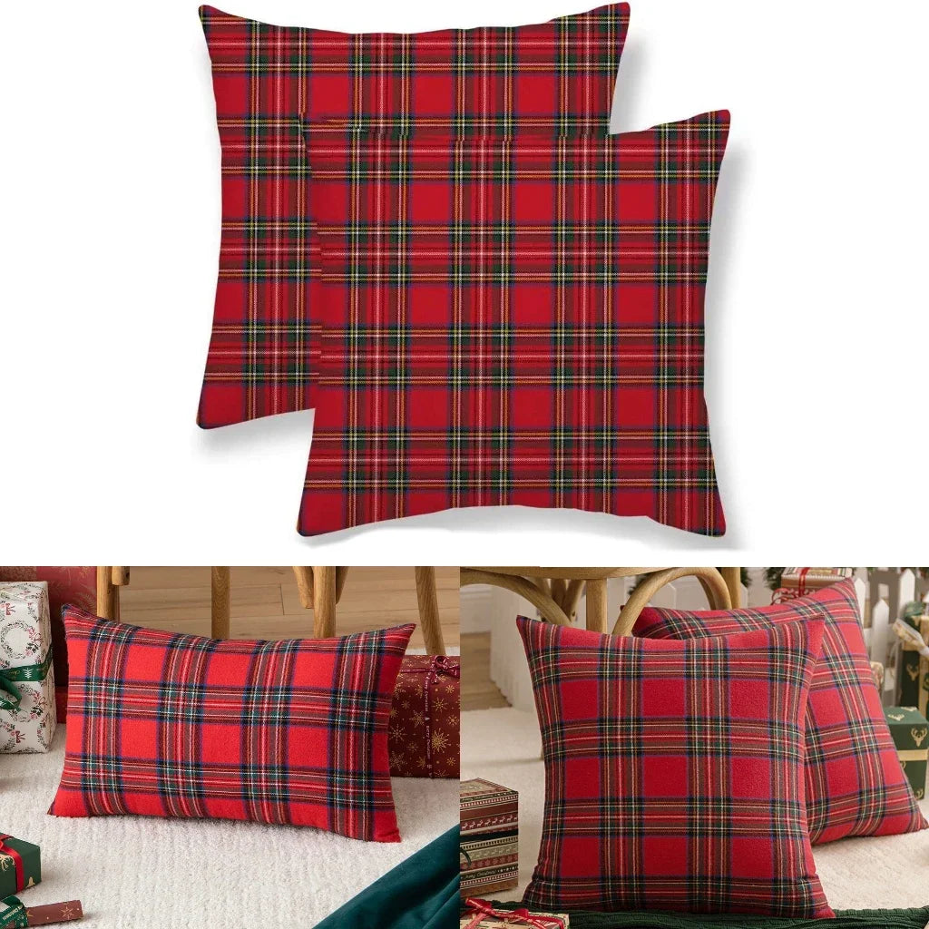 Christmas Tartan Plaid Pillow Covers – Red Cushion Covers for Sofa, Bed, Party, or Home Décor