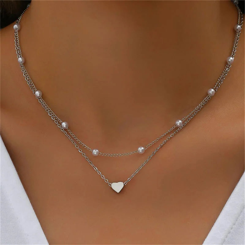 Double Layer Pearl Choker with Heart Pendant