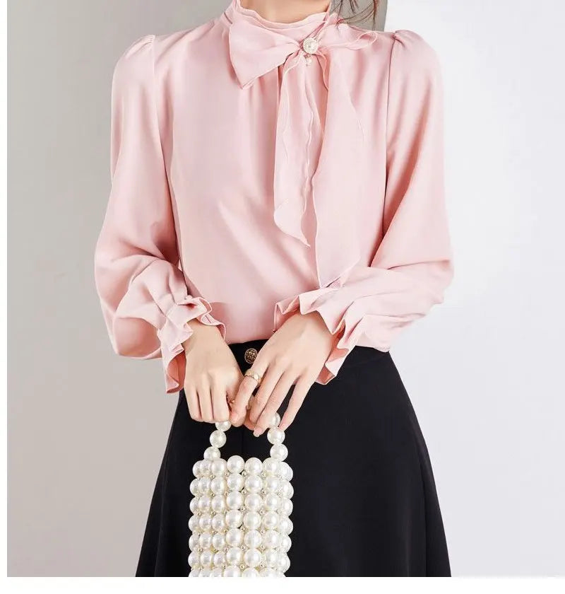 Women’s Bow Blouse – Stand Collar Solid Color Shirt with Ruffles for Spring