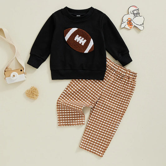 Boy Fall Pants Set Football Embroidered Long Sleeve Round Neck Sweatshirt Plaid Long Pants Outfits