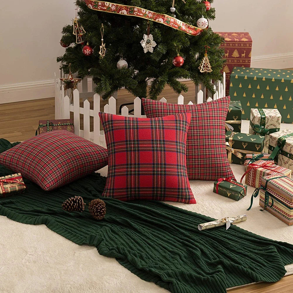 Christmas Tartan Plaid Pillow Covers – Red Cushion Covers for Sofa, Bed, Party, or Home Décor