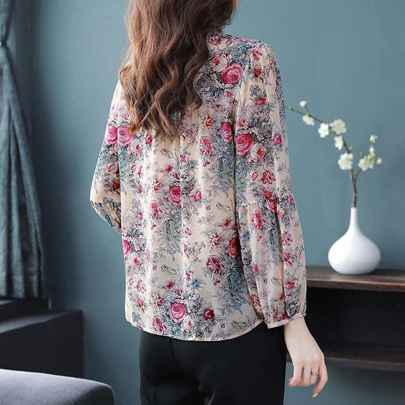 Trendy Women's Floral Print V-Neck Puff Sleeve Blouse