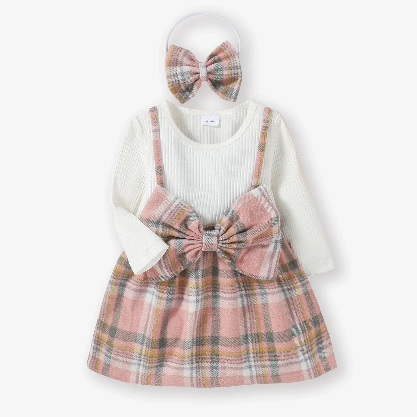 Baby Girl Pink Plaid Bow Dress Set - 2pcs