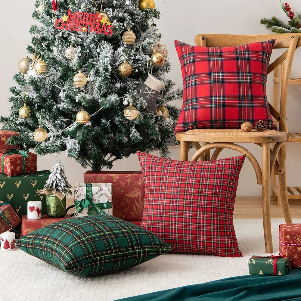 Christmas Tartan Plaid Pillow Covers – Red Cushion Covers for Sofa, Bed, Party, or Home Décor