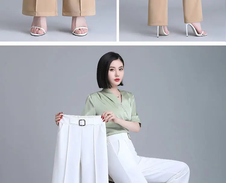 Khaki High-Waist Ice Silk Wide-Leg Trousers - Summer Design, Elegant Elastic Waist Baggy Pants for Women