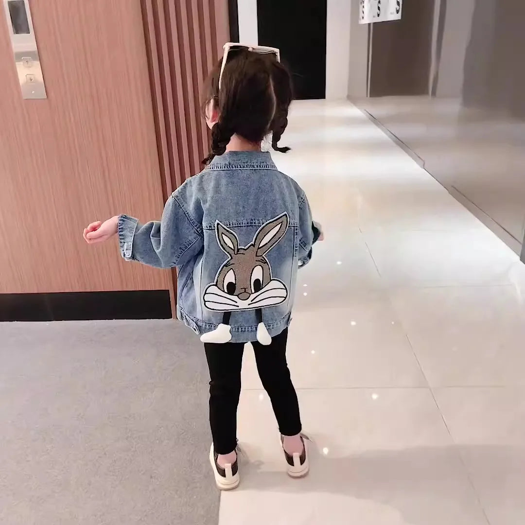 Girls' Denim Jacket – Embroidered Cartoon Rabbit Coat for Kids (Ages 2-7), Autumn Casual Outerwear