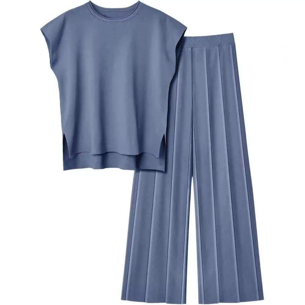 Summer Ice Silk Knit Vest & Wide-Leg Pants Set