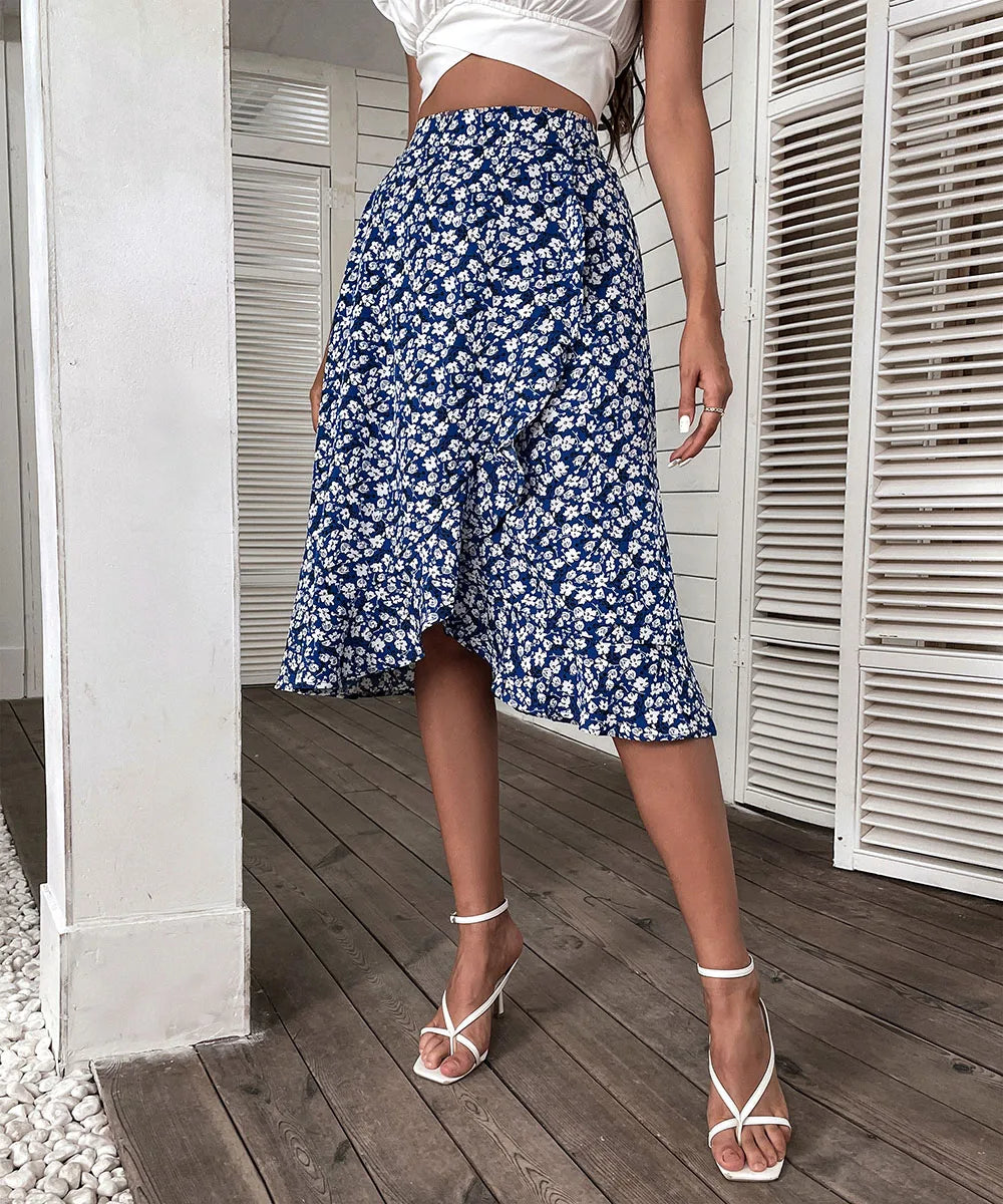 Benuynffy Floral Print Ruffle Trim Midi Skirt - Summer Boho A-Line