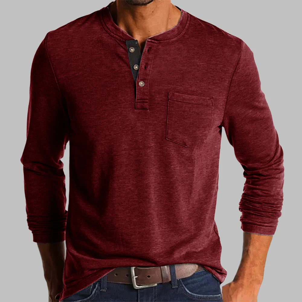 New Trend T-shirt Men Elegant Fashion Button Half Open Collar Solid Color Long Sleeve Pocket Top Men Commuter Shirts