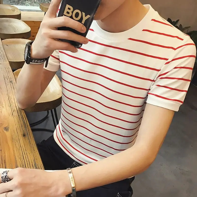 Men's Fashion Striped O-Neck T-Shirt - Short Sleeve Korean Tee