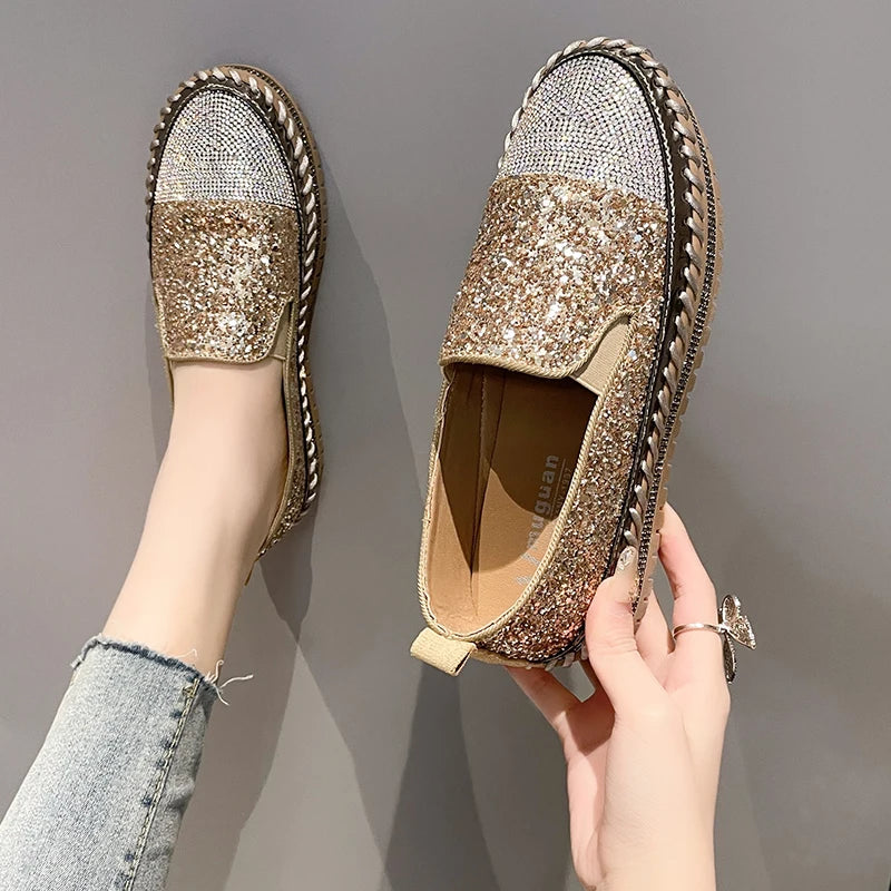 Women Shining Rhinestone Flats Loafers Slip