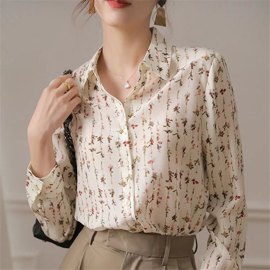 Women’s Floral Printed Button Shirts – Elegant Chic Blouse for Business Casual Office Wear in Spring and Autumn