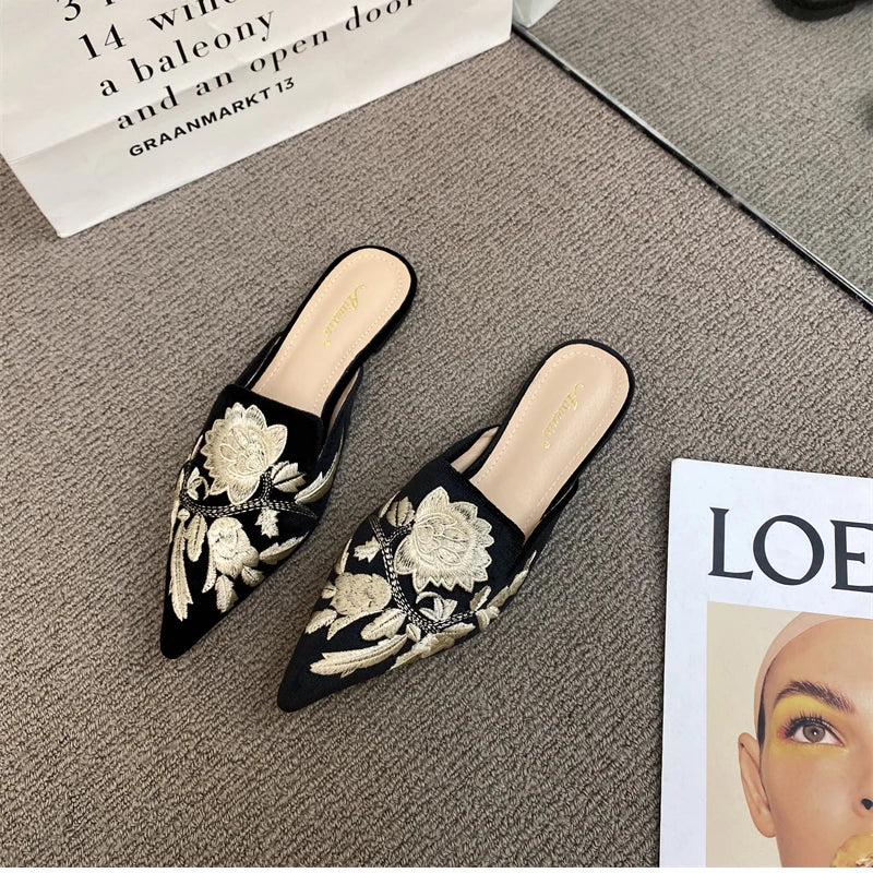 Elegant Summer Embroidered Mules - Women's Luxury Fashion Pointed Toe Flats