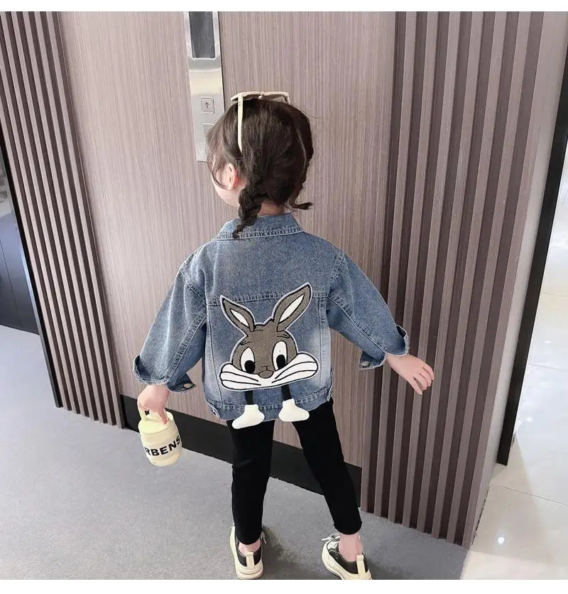 Girls' Denim Jacket – Embroidered Cartoon Rabbit Coat for Kids (Ages 2-7), Autumn Casual Outerwear