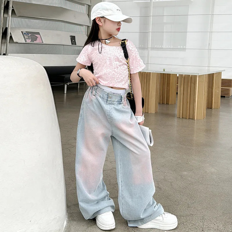 Girls' Summer 2-Piece Set - Pink Diamond T-Shirt & Tie-Dyed Wide Leg Jeans