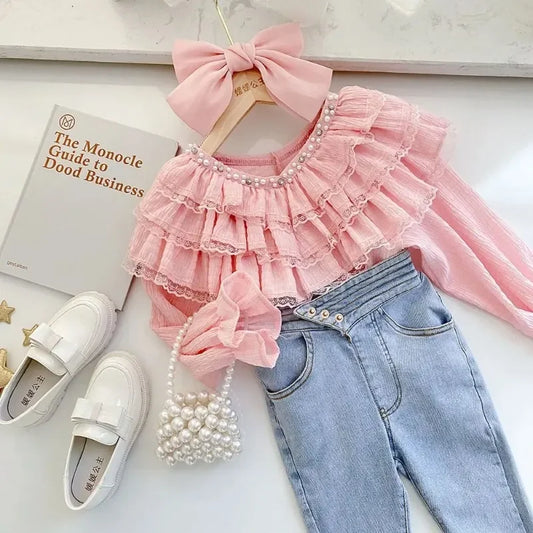 Baby Girls' Fall Fashion: Pink Lace Long Sleeve Blouse (7-13 years)