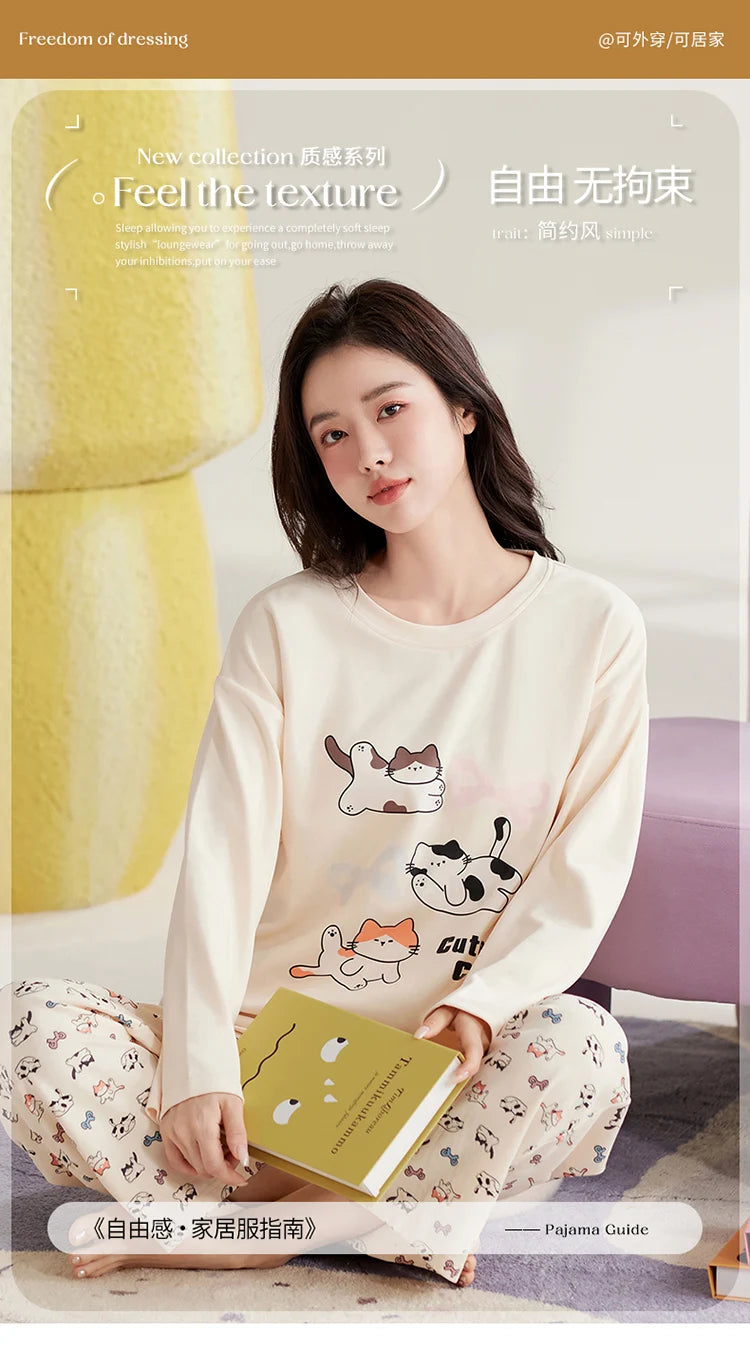 Cute Cat Pajama Set for Women & Girls - Cozy Sleepwear