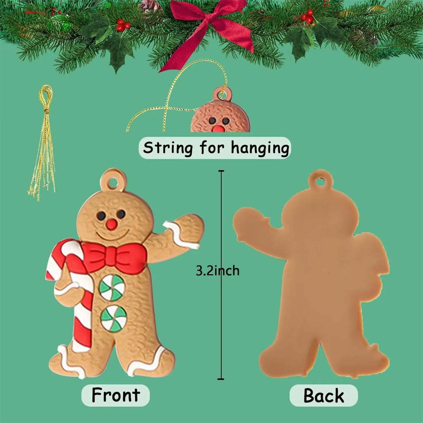 12pcs Christmas Gingerbread Man Ornaments – 2D Flat Hanging Pendant for Tree & Car