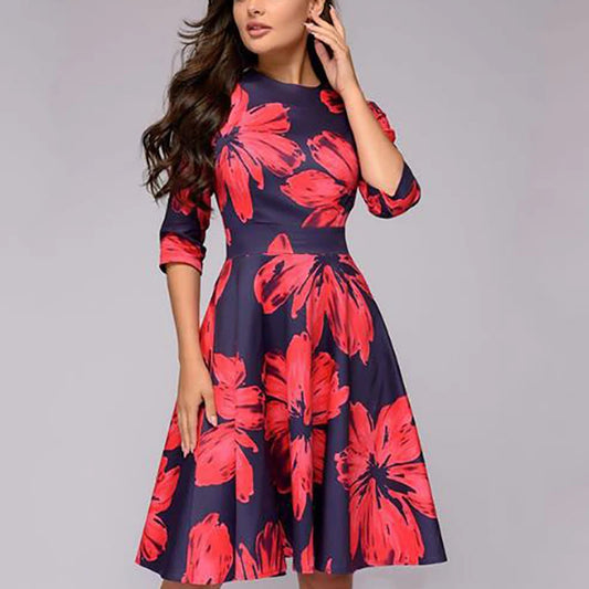 Spring Autumn Office Lady Knee Length Elegant Vintage Long Sleeve Party Dresses Women Floral Printed Dress