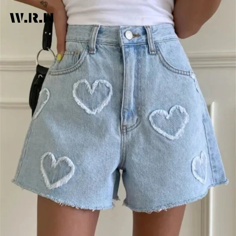 High Waist LOVE Printed Denim Shorts