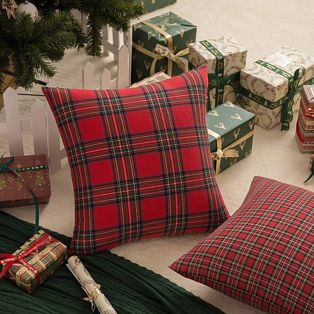 Christmas Tartan Plaid Pillow Covers – Red Cushion Covers for Sofa, Bed, Party, or Home Décor