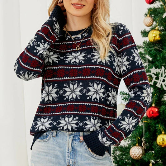 Women Snowflake Jacquard Red Christmas Party Knitted Sweaters Autumn Winter Casual O Neck Long Sleeve Pullover Tops Jumpers