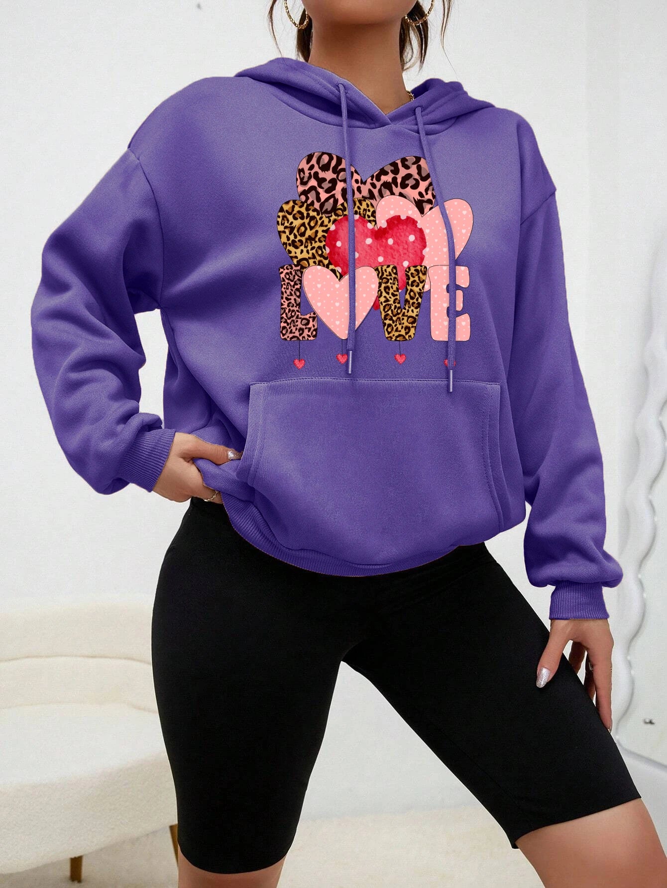 Creative Leopard Print Love Fleece Pullover Hoodie for Women